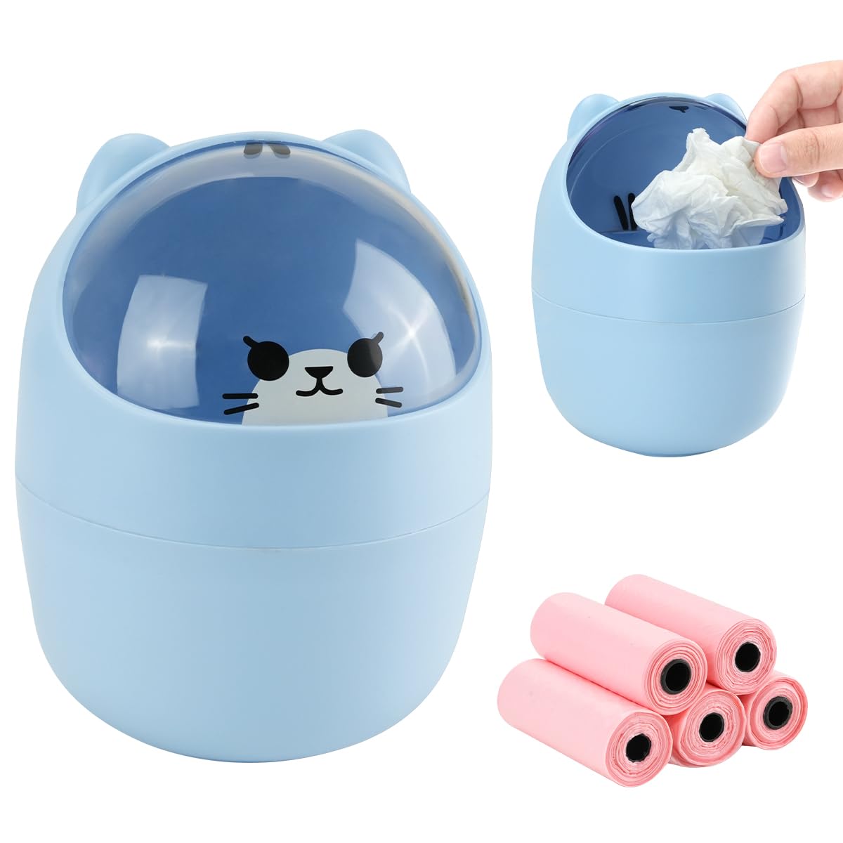 IBEQUEM Mini Trash Can, Cute Small Trash Can with Lid, Desktop Paper Bin with 5 Rolls of Bin Liners, Portable Tabletop Dustbin, Cartoon Rubbish Storage for Office Bedroom Desk Car Kitchen (Blue)
