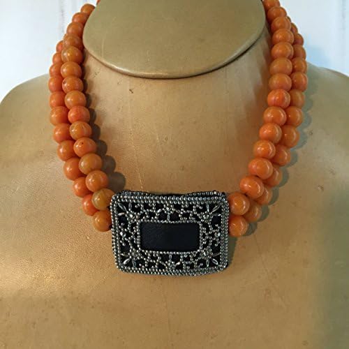 Amber-Color Beads 2-Strands Necklace with Antique Steel Shoe Buckle and Sterling Silver Intaglio Clasp 18 Inches Long