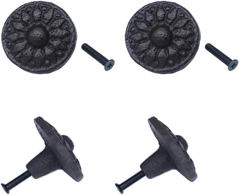 RUN 4 Pieces Retro Rustic Coastal Ocean Theme Cast Iron Knobs Cabinet Drawer Cupboard Single Hole Handles Pulls (Round Flower)
