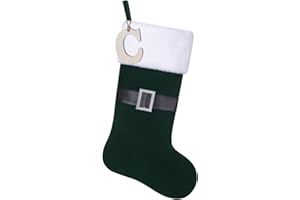 JKSVE 20"Nylon Flocking fabric Santa Clau Belt Buckle Christmas Stocking With personalized wooden Initial Monogram Christmas Stocking, Holiday Xmas Party Decorations（Red/Hunter Green） (Hunter Green-C)