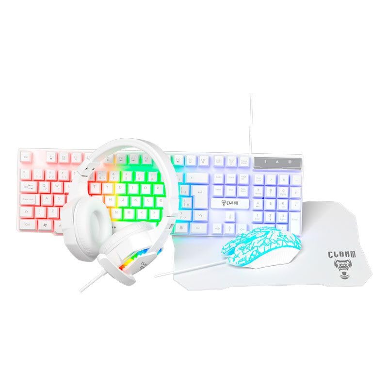 Combo GAMER 4 em 1 MTS, Nightmare Snow • Mouse 4D - 3600 Dpi • Teclado RGB LED Rainbow Anti-Ghosting • Fone e Microfone Headset 45mW Stereo • Mousepad 290x250 • Quality Premium • Setup Gamer Branco