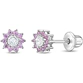 925 Sterling Silver 6mm Dazzling Pink Cubic Zirconia Flower Earrings, Best for Toddlers, Little Girls and Pre Teens - Screw Back Locking Floral Lover Girl's Earrings Set! Formal & Party Outfit