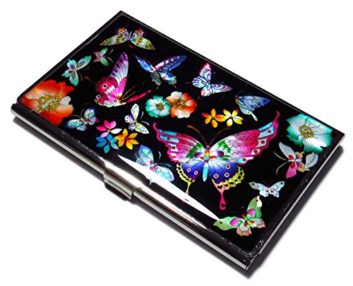 Business-Card-Case-ID-Holder-Metal-Minimalist-Wallet-Mother-of-Pearl-Butterflies-Design