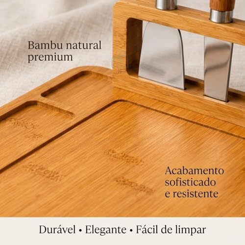 Tábua de Frios Petisqueira Bambu com Kit 4 Facas e Suporte | Tábua para Queijos Aperitivos e Servir | Bandeja Gourmet Premium 39x29cm