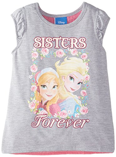 Disney Little Girls' Frozen Sisters Forever Girls Flutter Short Sleeve Top with Chiffon Back Insert, Heather Grey, 4