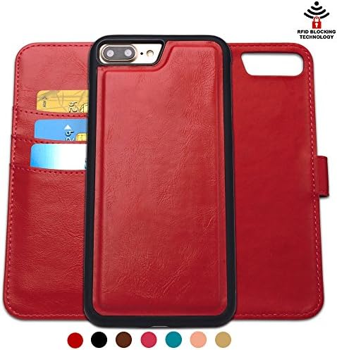 SHANSHUI Wallet Case Compatible with iPhone 7 Plus / 8 Plus, Detachable Magnetic 2 in 1 PU Leather RFID Card Slots Removable Flip Case 5.5 inch (Red)