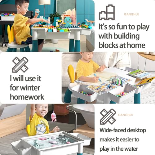 Multi-Functional Kids Activity Table & Chair Set,Building Block Play Surface,Sand/Water Station & Study Desk with Chairs - Multi-Functional Educational Toy for Boys & Girls Ages 3-8 Years