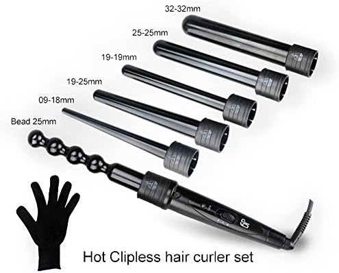 COUSINEE Professional 6 in 1 Curling Iron Curling Wand Hair Curler Set with 6 Interchangeable Ceramic Barrels and Heat Protective Glove - Black