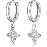 SLUYNZ 925 Sterling Silver CZ Leaf Clover Hoop Earrings for Women Teens Clover Huggie Earrings Drop