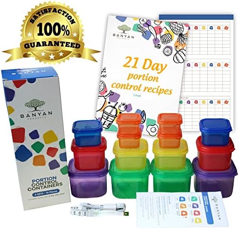 Banyan Products -21 Day Portion Control Containers - Double sets ( 14 containers) with Meal Guide/21 Day Tally Chart AND Measuring Tape AND E-Book with 21 Recipes