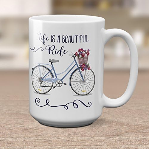 LIFE IS A BEAUTIFUL RIDE Ceramic Coffee Mug with Bicycle and Flowers 11 or 15 oz