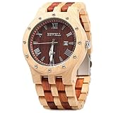 Bewell W109A Men Wooden Quartz Watch Round Dial Analog Handmade Wood Wristwatch (Maple and Red)