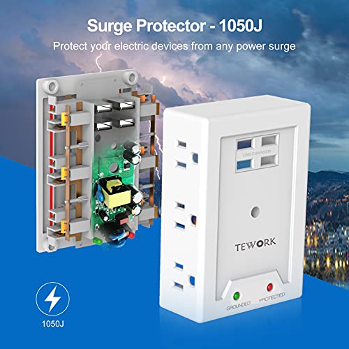 Outlet Extender with USB, 1050 Surge Protector, Multi Plug Outlet Extender with 4 USB Ports, 6-Outlet Wall Mount Adapter Widely Spaced with Top Phone Holder for Home, Dorm Essential, Office-White