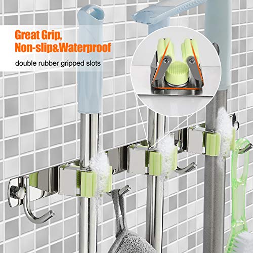 Broom Mop Holder Wall Mount Stainless Steel Wall Mounted Storage Organizer Heavy Duty Tools Hanger with 3 Racks 4 Hooks for Kitchen Bathroom Home Kitchen Garage Garden