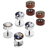 PiercingJ 6pcs 16G Mens Womens Stainless Steel Flower Life Tree Stud Barbell Earrings Illusion Ear Plug 0G Gauge Look