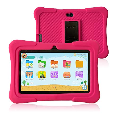 Pritom 7 inch Kids Tablet | Quad Core Android,1GB RAM+16GB ROM | WiFi,Bluetooth,Dual Camera | Educational,Games,Parental Control,Kids Software Pre-Installed with Kids-Tablet Case (Pink)