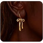 Bow Earrings for Women Girls-14K Gold Plated Dainty Cute Stud Hoop Dangle Pearl Bow Earrings, Hypoallergenic Trendy Minimalist Statement Gold Earrings for Christmas Holiday Daily Wear