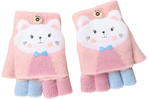 Cartoon Convertible Flip Top Gloves Toddler Kids Winter Wool Knit Fingerless Gloves with Mitten Cover for Girls Boys 2-15 Yrs
