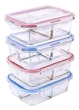 [4 PACK] FreshSav Series 35.5 oz Compartmentalized Glass Meal Prep Food Storage Containers Set Airtight locking Lids | Microwave, Freezer, Oven & Dishwasher Safe (2 Compartment + 3 Compartment Combo)