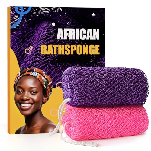 2 Pieces African Net Sponge Authentic, Durable Back Scrubber Washcloth for Shower, Exfoliating Net Sponge for All Skin, Bathing Accessories for Women (2 Pack (Pink and Purple))