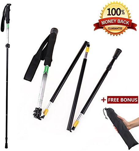 CLINE Travel Folding Trekking Hiking Pole with Carrying Case,Collapsible Cane Adjustable Walking Stick Portable Mobility Aid for Women Men Hikers Gift,Black