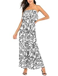 MIDOSOO - Vestido largo de verano con volantes, estampado floral, sin tirantes, con bolsillos, para mujer