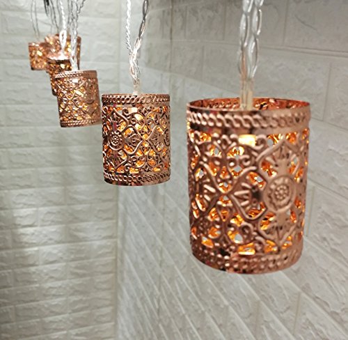 Rose Gold Candle Holder Shaped 10Ft LED Lantern String Lights Battery Powered Boho Metal Bedroom ...
