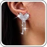 TseanYi Rhinestone Heart Tassel Earrings Silver Crystal Long Tasse Earrings Full Pave Rhinestone Heart Earrings CZ Fringe Drop Earrings Wedding Party Jewelry for Women
