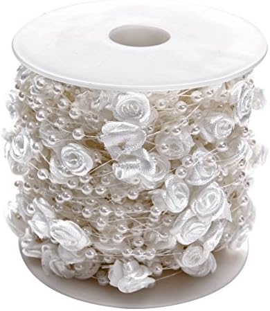 Craft Beaded Trims Hand Made Rose Flower and Artificial Pearls Bead Garland Spool Rope Candles Vases Cake Stands DecorationChain Wedding Party Home Decor DIY Accessories 30m/10ft (White)