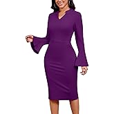 Church Dresses for Women Flare Sleeve V Neck Business Wear to Work Vintage Mid Pencil Formal Dress with Pocket
