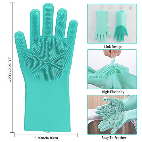 Magic Silicone Cleaning Gloves Dishwashing Scrubber - 1 Pair Reusable Dish Wash Scrubbing Sponge Gloves with Bristles, Great for Washing Dish, Kitchen, Car, Bathroom. 2PACK (Green)