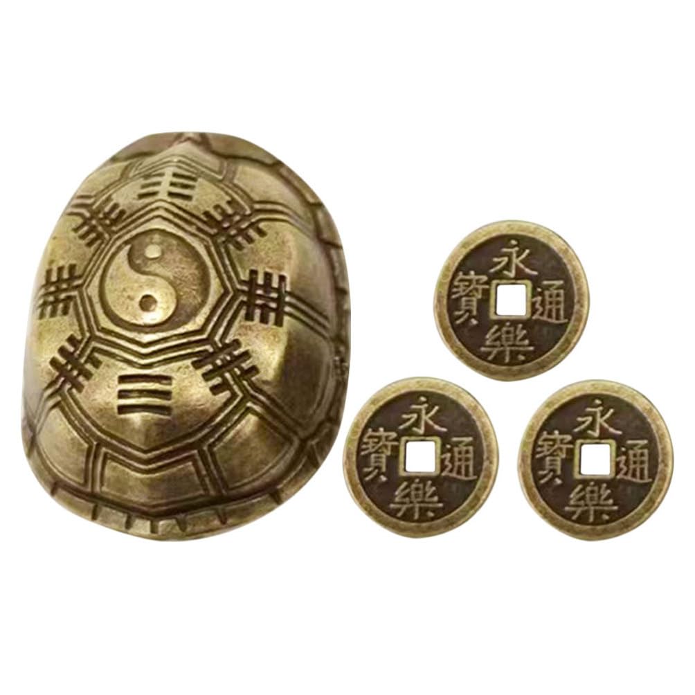TOYANDONA Chinese Feng Shui Coin Divination Turtle Shell Good Luck Fortune Coin Golden Tortoise Statue I- Ching Coins Divination Prop for Health Wealth Ornament