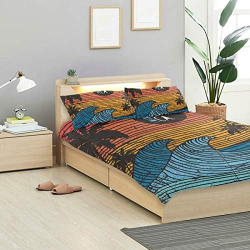 ヤシの木 海の波 サーフ 羽毛布団カバーセット ツインサイズ ソフトキルトカバー 装飾寝具セット 女の子 男の子 キッズ ティーン 掛け布団カバー1枚 枕カバー2枚 クリスタルベルベット