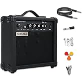 Demusea Electric Guitar Amplifier 20w Guitar Amp Practice Small Portable Travel Headphone Aux Distortion Gain Treble Bass Volume Jack with 3m Noiseless Cable Adapter Picks Aux Cable Earphone(BK)