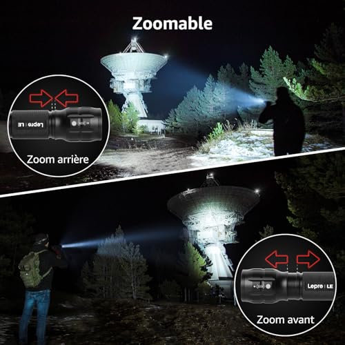 Lepro L8000 Powerful Zoomable Flashlight IPX4 Waterproof Zoomable Torch 3 AAA Batteries Included, Aluminum Military LED Torch for Camping, Hiking, Emergencies, Pack of 2
