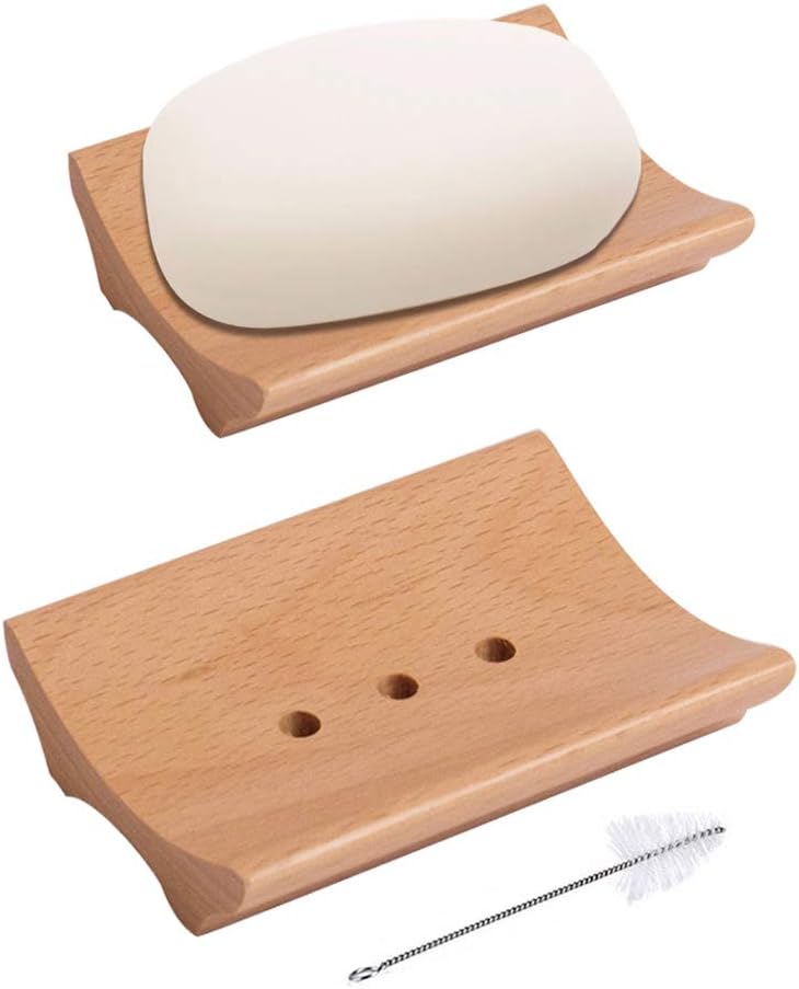 Wooden Soap Dish Holder, Soap Dishes for Bathroom Kitchen Bath Accessories Natural Wood Soap Tray for Sponges, Scrubber with Cleaning Brush(2 Pack)