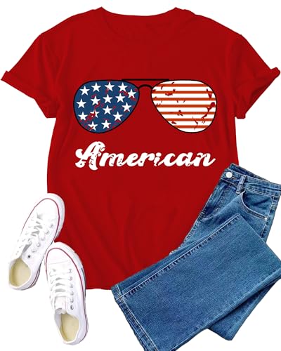 VERYNEAT 4th of July Shirt for Women American Flag Sunglasses Patriotic Tee at Amazon