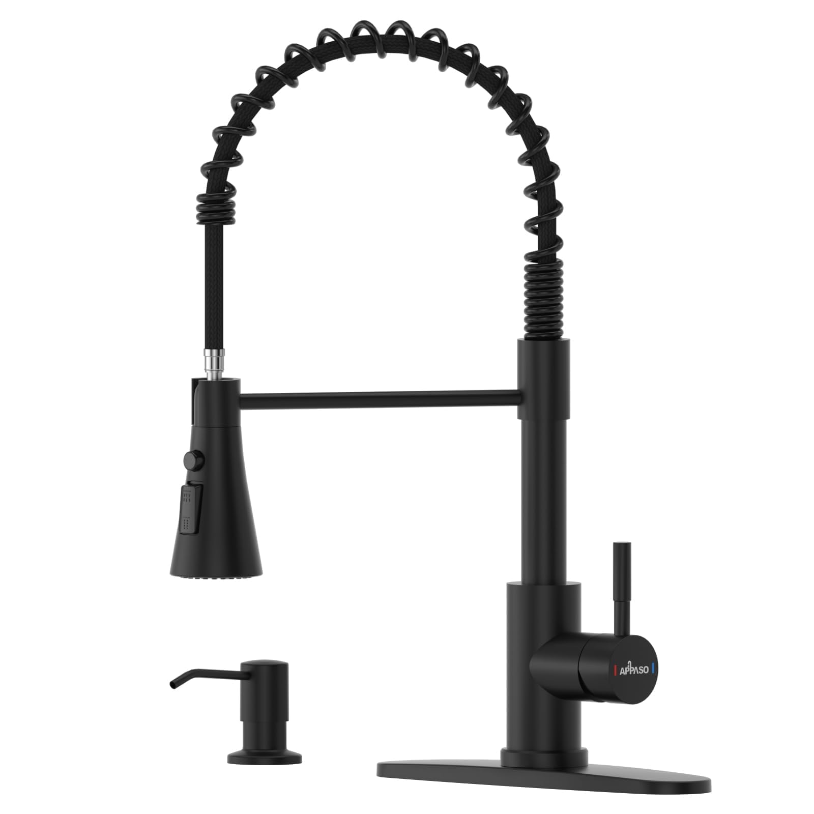 Photo 1 of APPASO Black Spring Kitchen Faucet with Soap Dispenser, Black Kitchen Sink Faucet with Pull Down Sprayer, Single Handle High Arc Commercial Spring Style Faucet for Kitchen, Farmhouse, RV, Matte Black