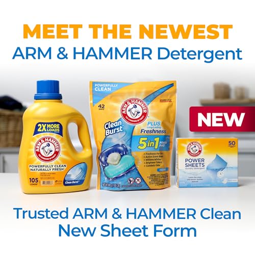 ARM & HAMMER POWER SHEETS LAUNDRY DETERGENT, FRESH LINEN 50CT, UP TO 100 SMALL LOADS (PACKAGING MAY VARY)