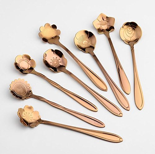 Lovemay 8pcs Stainless Steel Spoon Flower Shape Teaspoon Mini Tea Coffee Dessert Spoons Silver Rose-Gold