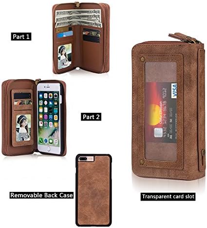 iPhone 7 Plus Case, iPhone 7 Plus Mirror Wallet Case- SUNYI Retro Vintage Multi-function 2 in 1 Detachable Large Capacity Card Slots Magnetic Leather Wallet Cover with Double Zipper for iPhone 7 Plus