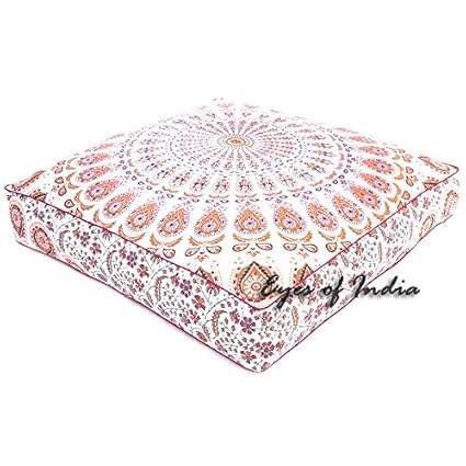Eyes Of India 35 White Orange Large Oversized Mandala Square Floor Pillow Cover Pouf Meditation Cushion Seating Hippie Colorful Decorative Bohemian