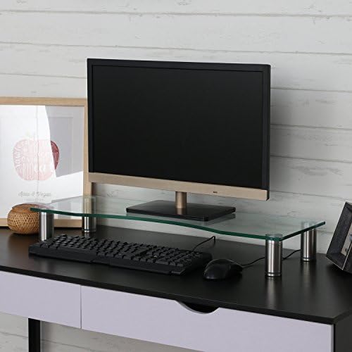 SevenFanS Monitor Stands Curved Glass Computer Risers for PC Monitors, Laptops, Computers &amp; TVs for home and office using, Height Adjustable-27.5" x 9.5 "- Clear Two monitors using