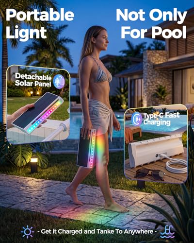 AJOGO Solar Pool Fountain with Lights for Inground & Above Ground Pools — Dual-Powered Rechargeable, 10-Color Dynamic LED Waterfall, 15°F Cooling Aerator (White)