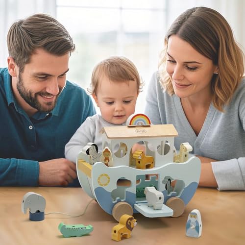 Joyreal Noah's Ark Wooden – Christening Gifts for Girls Boys Children, Gift Christening, Montessori Toy from 1 2 3 Years, Wooden Toy with Farm Toy Sorting Stack