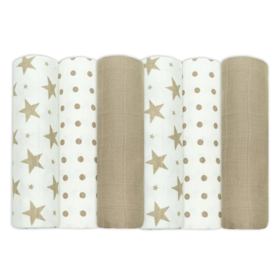 MuslinZ Muslin Cloths for Baby - Baby Burp Cloths - 6 Pack Muslin Squares - Large 70x70cm - Pure Cotton - Soft, Absorbent & Breathable - Multi Use Newborn Cloths - UK Brand (Taupe Star)