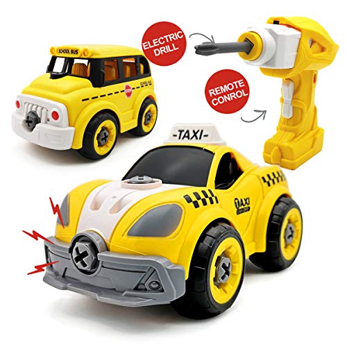 QUN FENG Take Apart Toys Remote Control Car 2 in 1 Construction Truck School Bus Taxi with Electric Drill 2.4G Stem Building Learning Toys for Boys 3,4,5,6,7 Year Olds