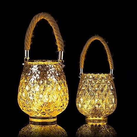 Windlichter 2er Set aus Glas mit LED-Lichterkette und Timer - Silber, Gold, Shabby used look (Silber)