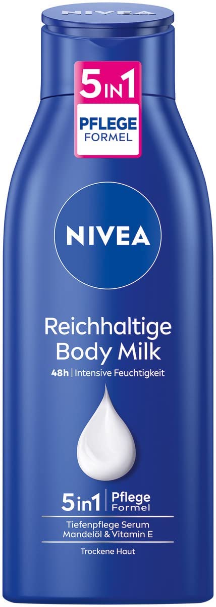 NIVEA Rich body milk (400 ml), intensively nourishing body cream with almond oil of natural origin, lotion with deep care serum and vitamin E