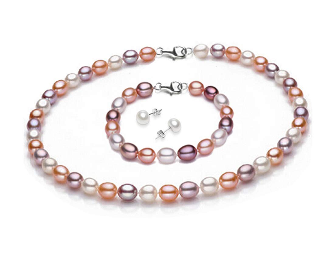 Treasure Bay FAB Elegant 7-8mm Rice Shape Freshwater Pearl Necklace Bracelet and Earring Jewellery Set for women and Girls (multicolour)
